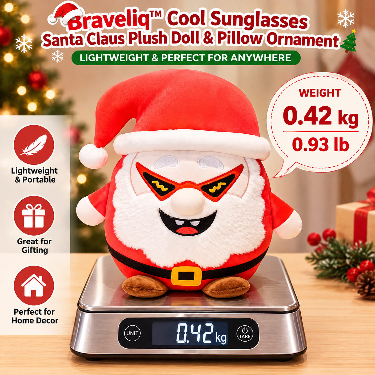 Braveliq™ Cool Sunglasses Santa Claus Plush Pillow Ornament