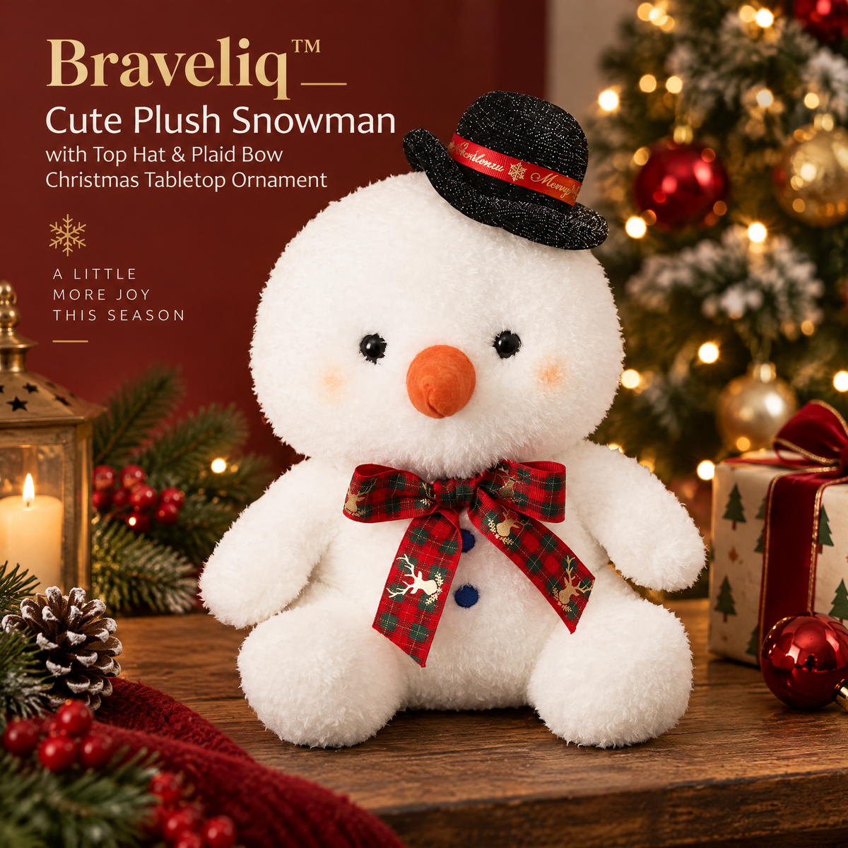 Braveliq™ Plush Snowman with Top Hat & Plaid Bow