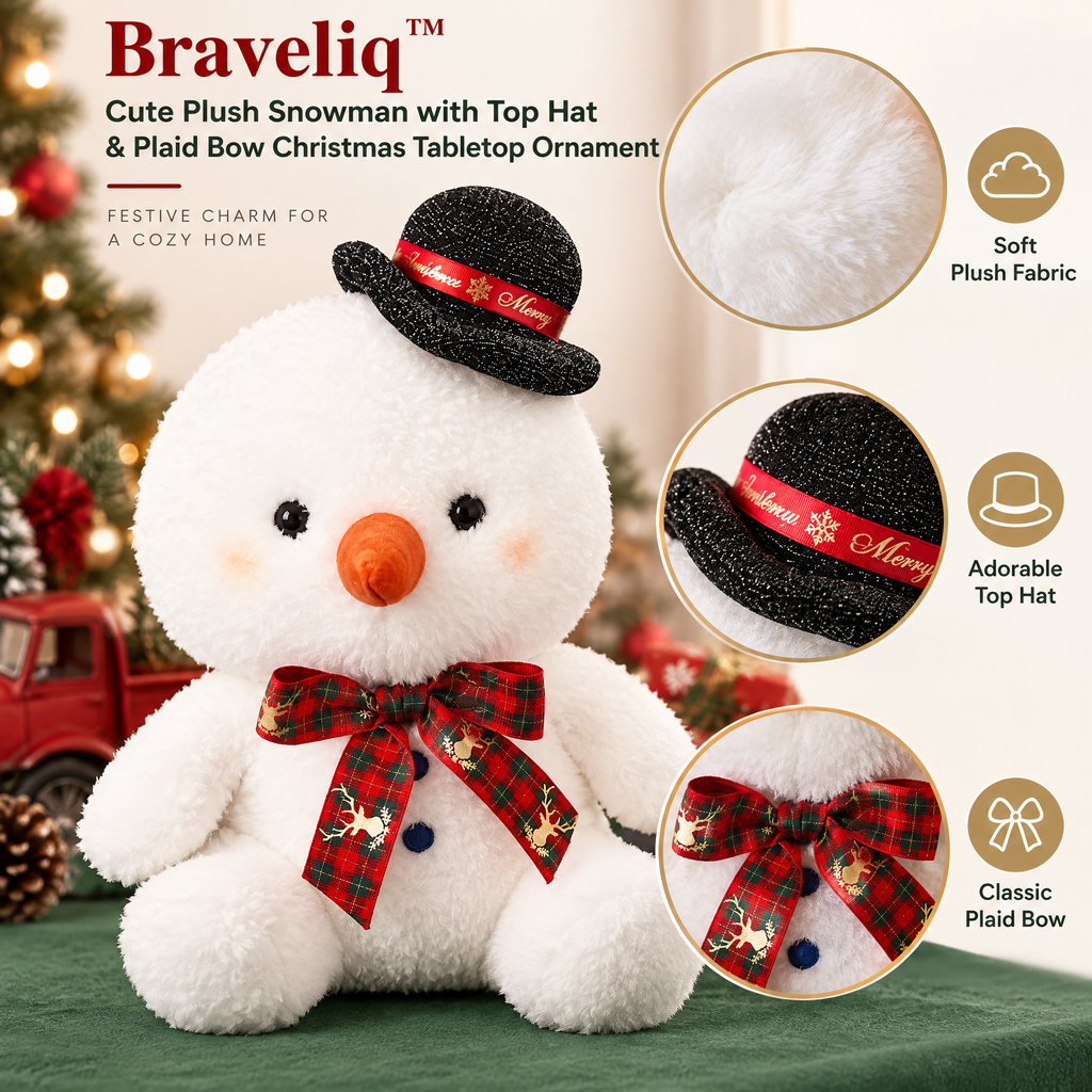Braveliq™ Plush Snowman with Top Hat & Plaid Bow