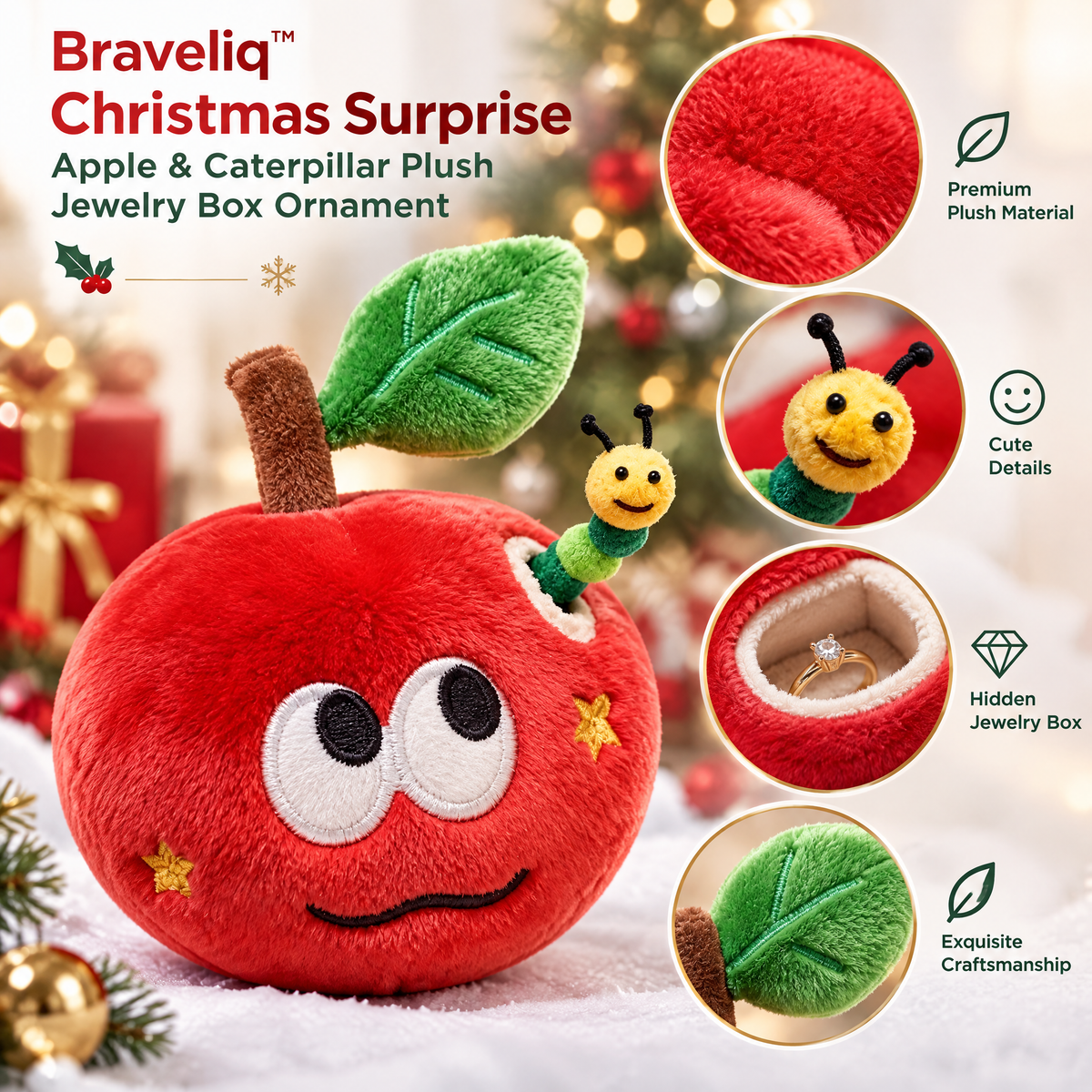 Braveliq™ Christmas Surprise Apple & Caterpillar Plush Jewelry Box Ornament