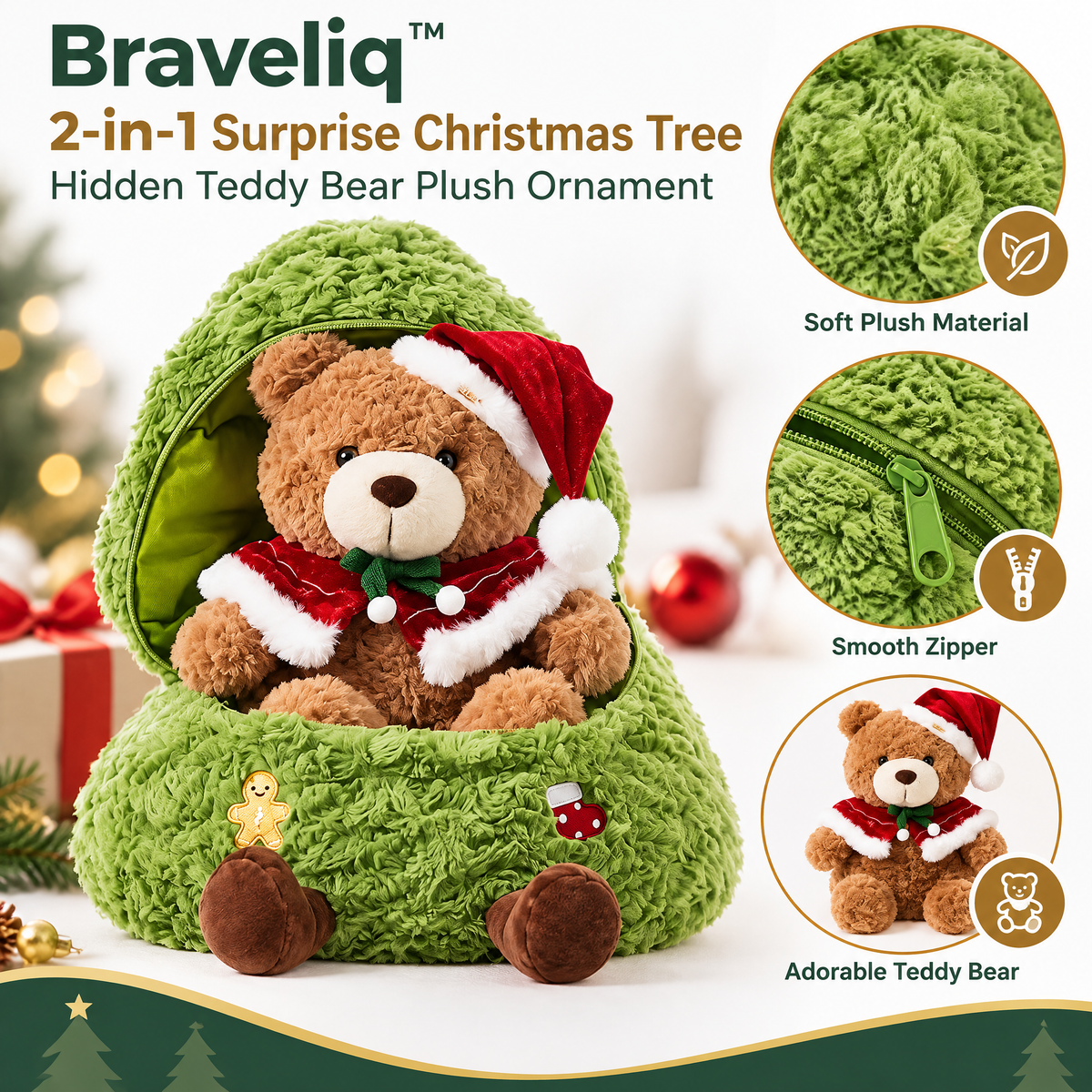 Braveliq™ 2-in-1 Surprise Christmas Tree with Hidden Teddy Bear Plush