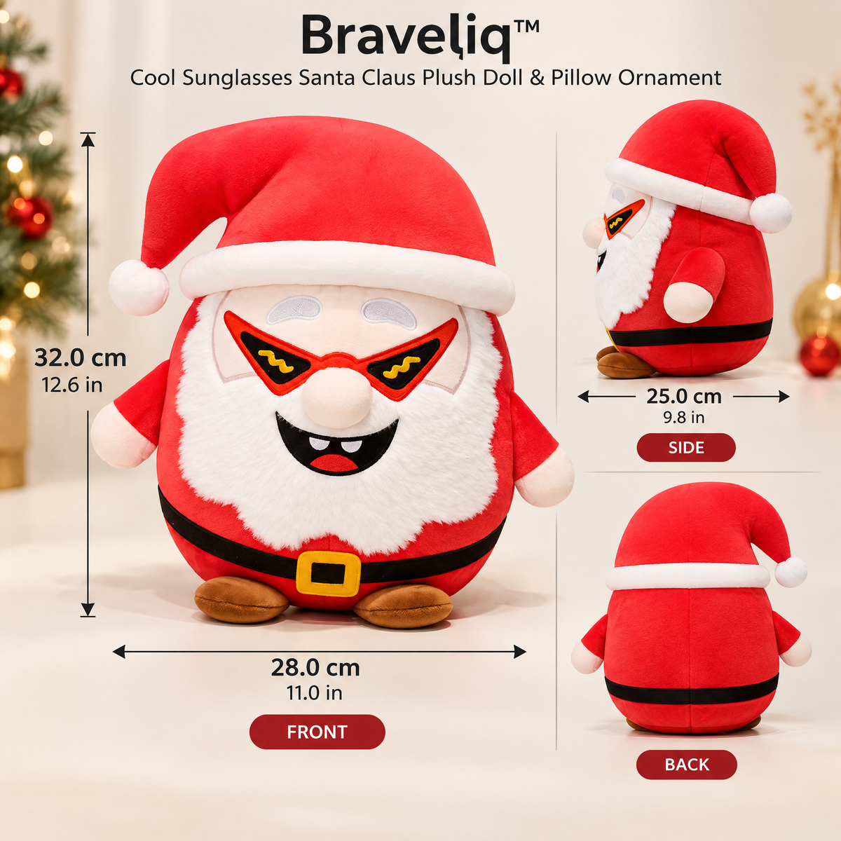 Braveliq™ Cool Sunglasses Santa Claus Plush Pillow Ornament