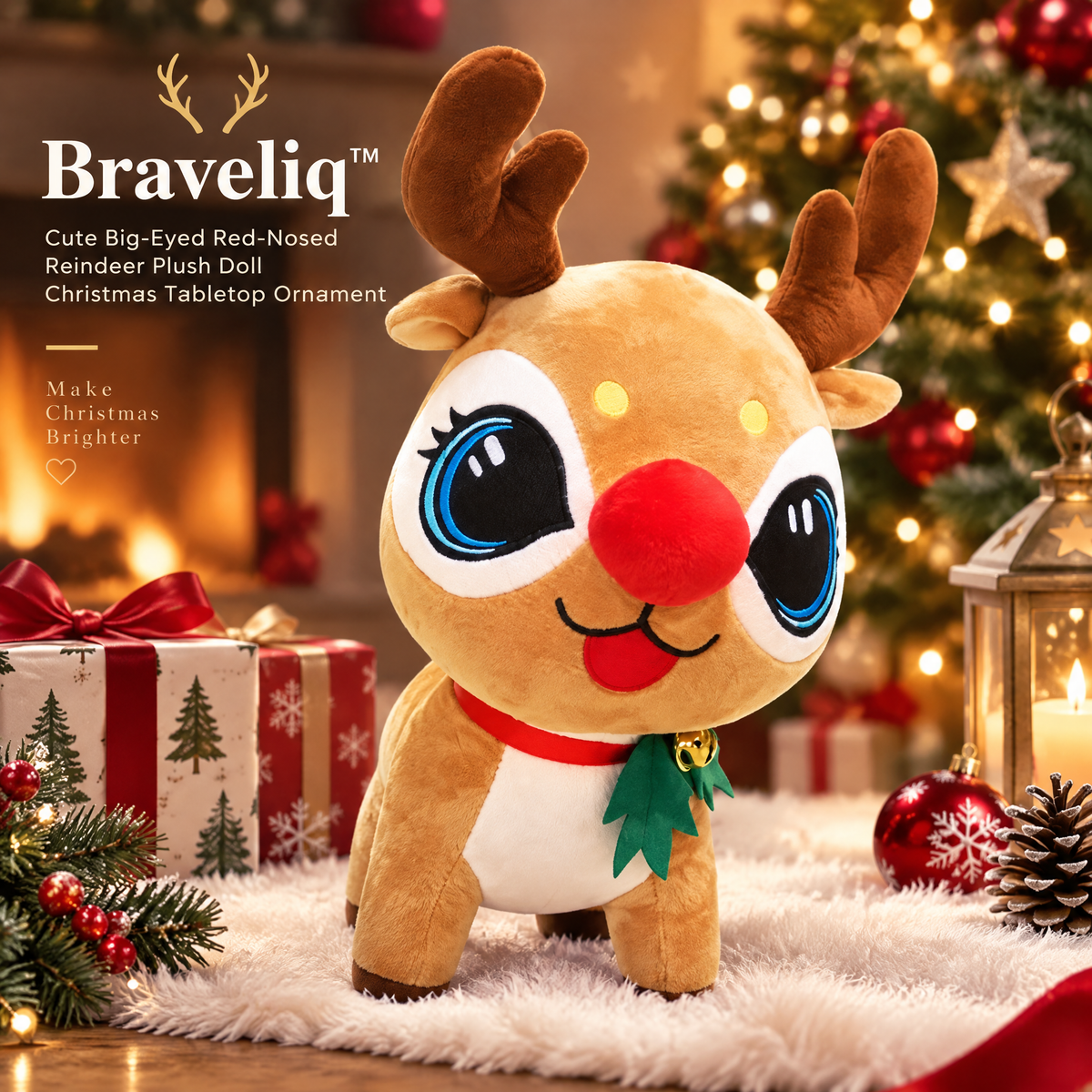 Braveliq™ Big-Eyed Red-Nosed Christmas Reindeer Plush