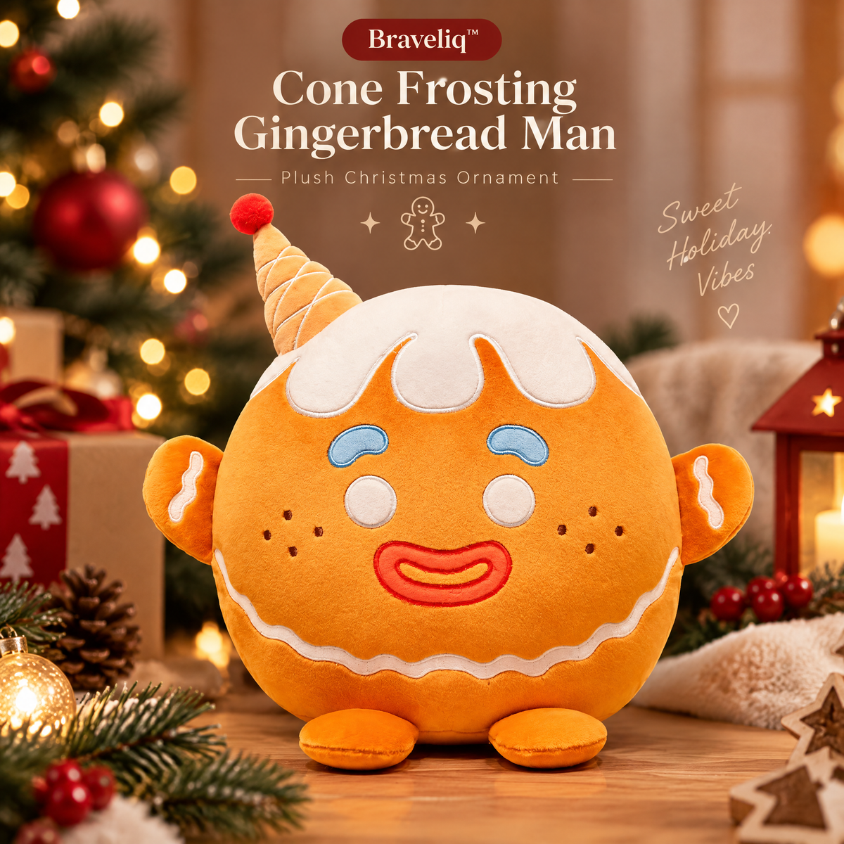 Braveliq™ Cone Frosting Gingerbread Man Plush Christmas Ornament