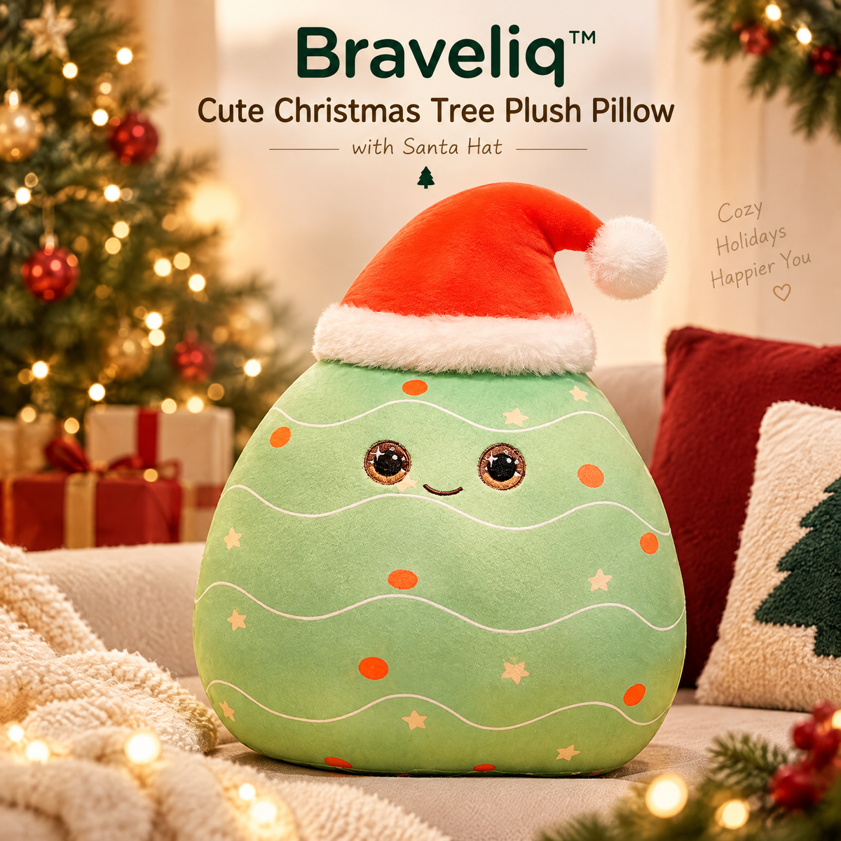 Braveliq™ Cute Christmas Tree Plush Pillow with Santa Hat