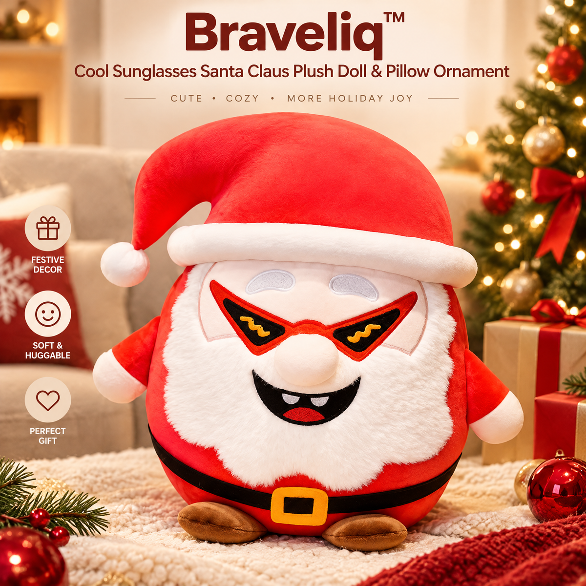 Braveliq™ Cool Sunglasses Santa Claus Plush Pillow Ornament