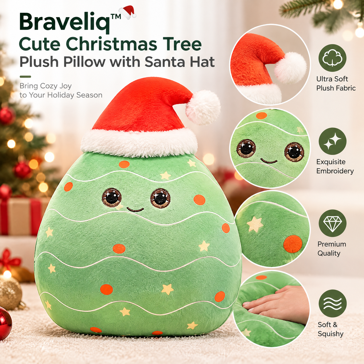 Braveliq™ Cute Christmas Tree Plush Pillow with Santa Hat