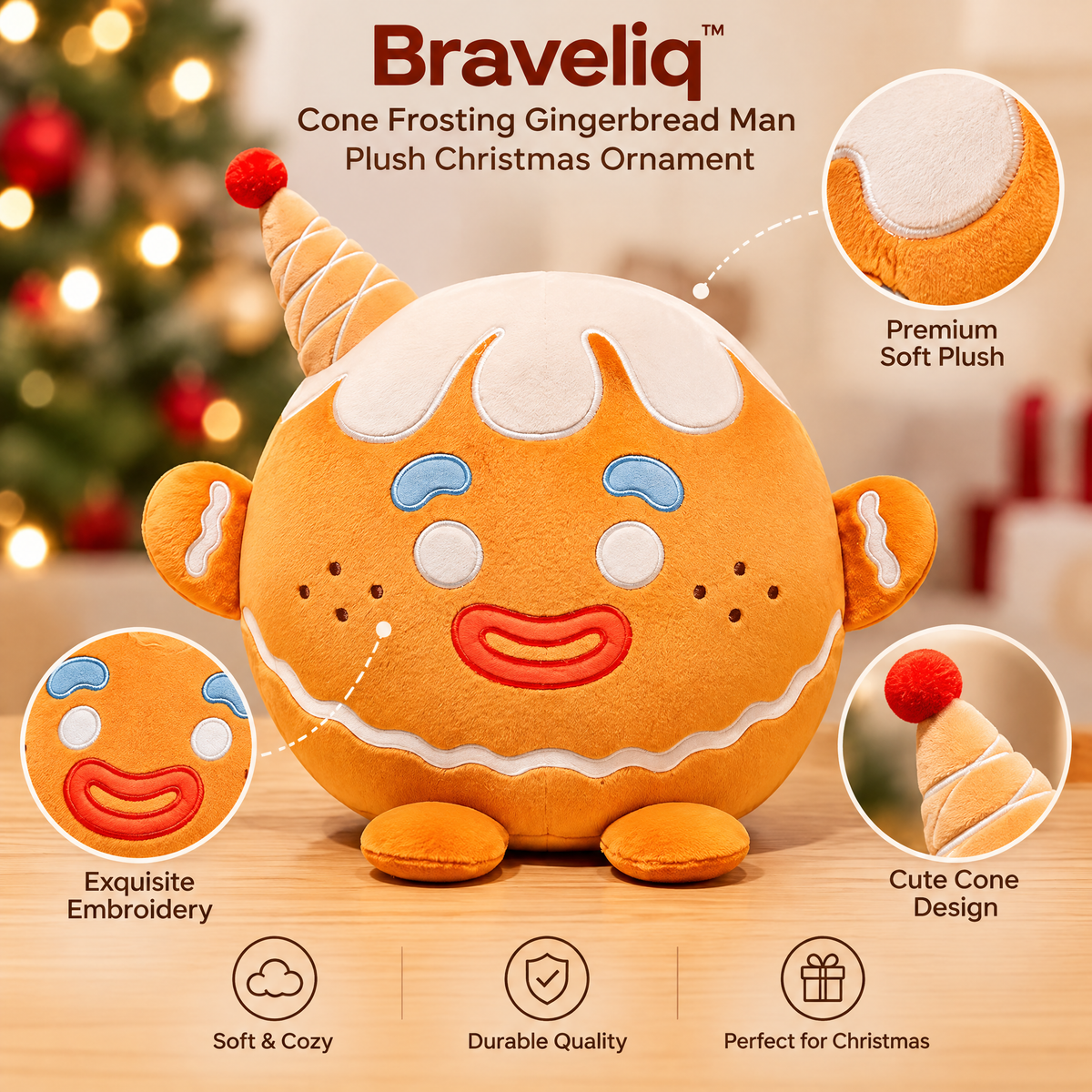 Braveliq™ Cone Frosting Gingerbread Man Plush Christmas Ornament