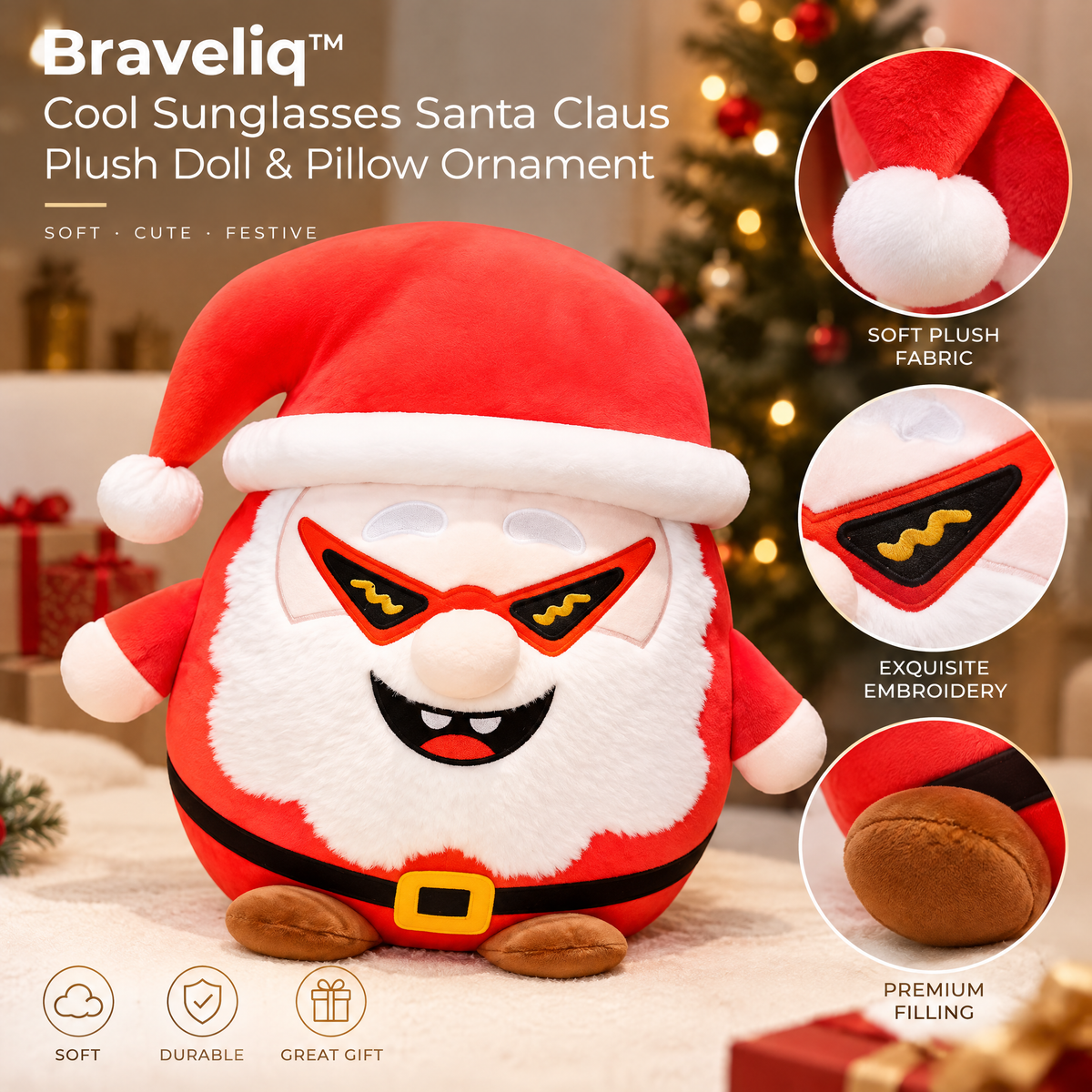 Braveliq™ Cool Sunglasses Santa Claus Plush Pillow Ornament